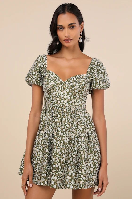 Olive Floral Jacquard Tiered Mini Dress | Green Floral Dress | Olive Green Dress | Lulus