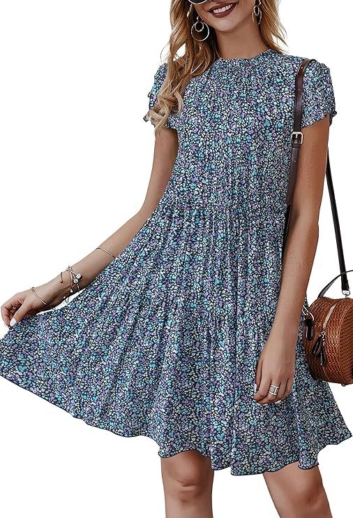 KIRUNDO 2024 Women's Sleeveless Ruffle Sleeve Crew Neck Floral Print Mini Dress Casual Loose Flow... | Amazon (US)