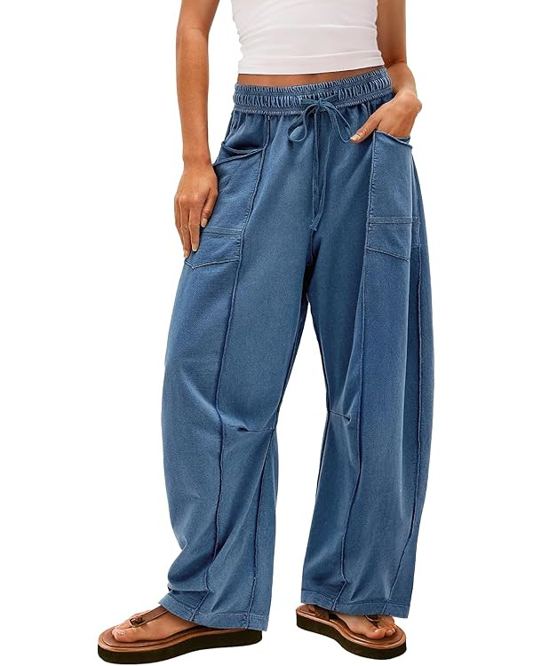 Yanekop Womens Baggy Wide Leg Pants Casual Summer Palazzo Pants Drawstring Waist Lounge Pants wit... | Amazon (US)
