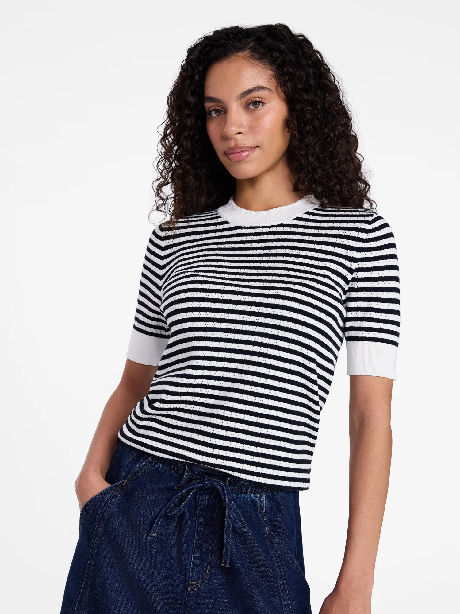 Time and Tru Women's Stripe Pointelle Rib Sweater with Short Sleeves, Lightweight, Sizes XS-XXXL | Walmart (US)