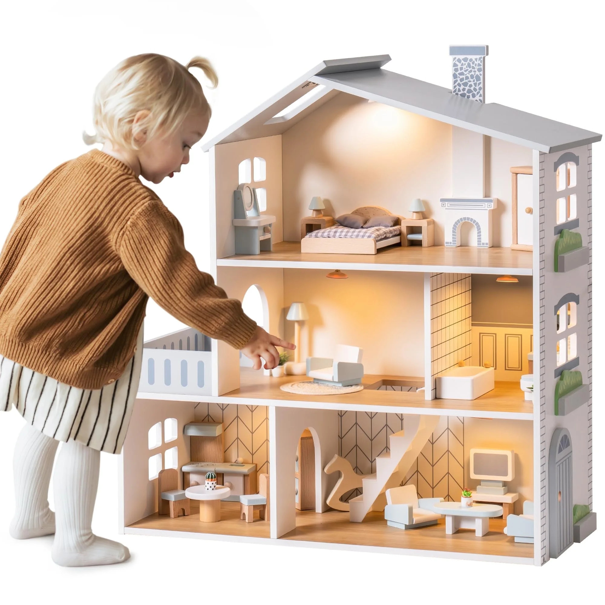 Robud Wooden Dollhouse, 6 Rooms, 29 Realistic Accessories, 4-6" Dolls, Nordic Style, Kids & Toddl... | Walmart (US)