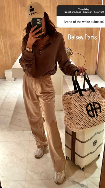 Airport outfit
Favorite daughter trousers (my faves!) comes in short too! Good for any occasion under the 🌈 fits tts/2 
Delsey luggage, Anine bing straw bag
Amazon half zip up sweatshirt 

#LTKstyletip #LTKtravel #LTKunder50