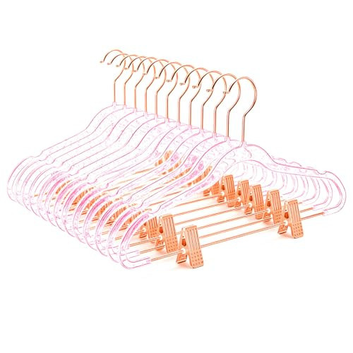 MIZGI Slim Rose Gold Glitter Pants & Skirt Hangers (20 Pack) - Adjustable Rose Gold Clips & Hooks, Pink Transparent Non-Felt, Space-Saving for Dresses, Shirts, Blouses | Amazon (US)