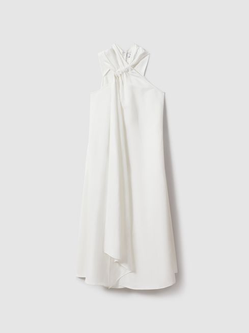 Reiss White Cosette Linen Blend Drape Midi Dress | Reiss UK