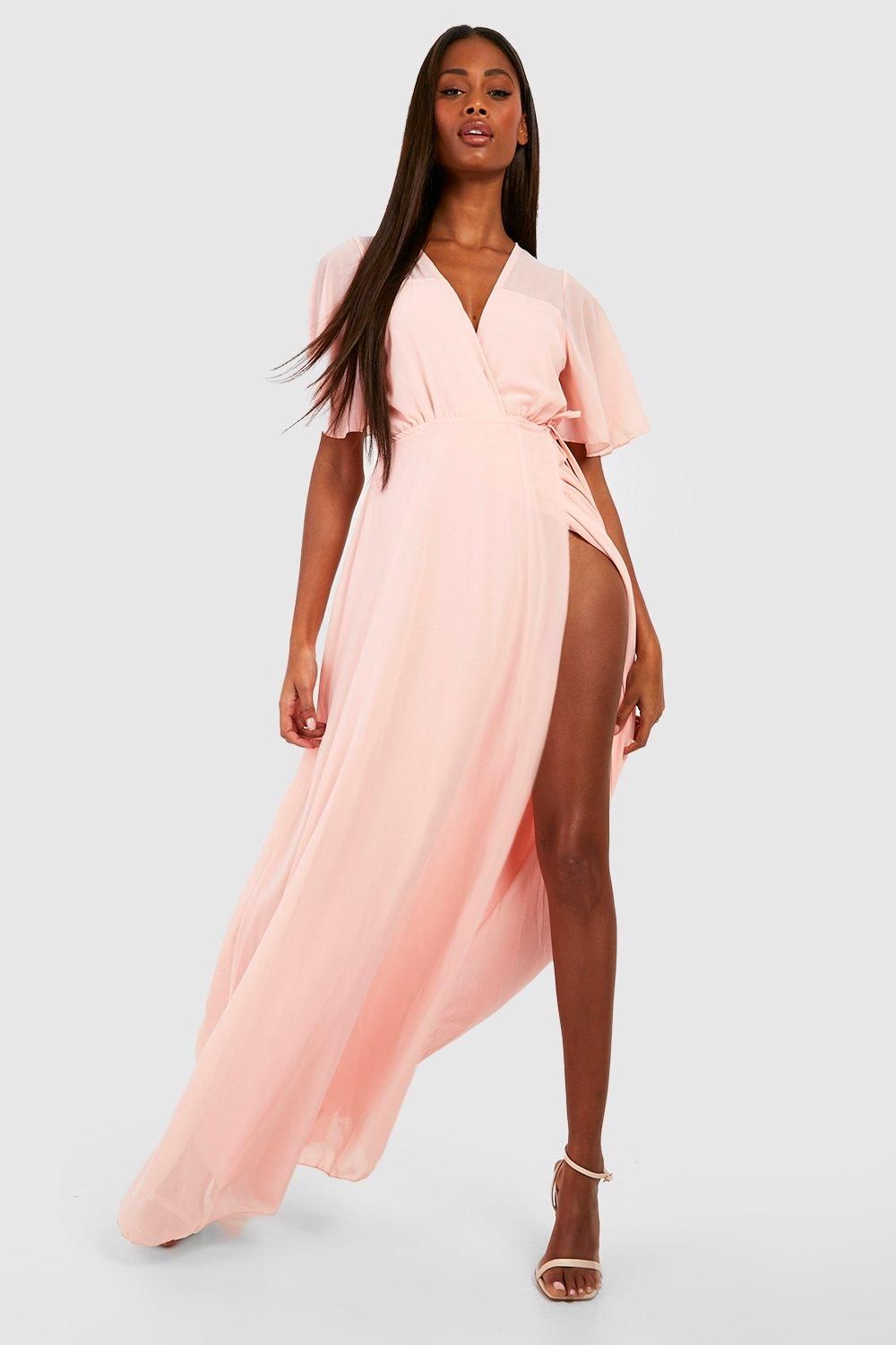 Chiffon Angel Sleeve Wrap Maxi Bridesmaid Dress | Boohoo.com (UK & IE)