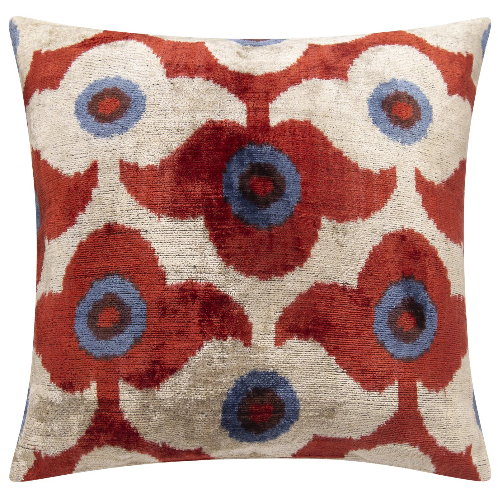 Luxury Silk Velvet Throw Pillow - Rust Red, Blue, And Ivory Floral Design, 16X16 | Wayfair North America