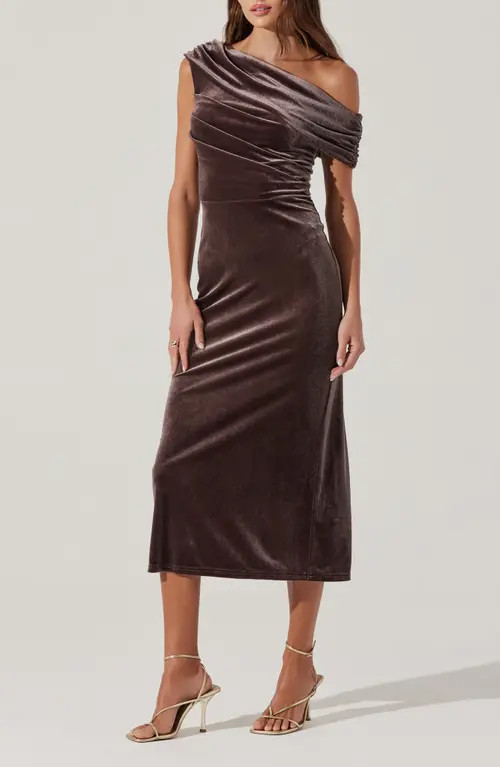 ASTR the Label One-Shoulder Velvet Midi Dress in Taupe at Nordstrom, Size Medium | Nordstrom