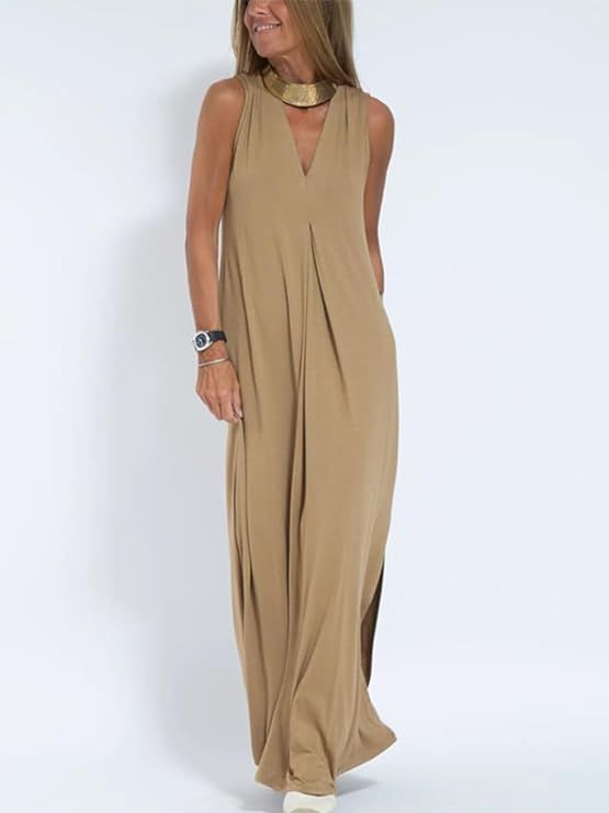 HOULENGS Women's Casual Sleeveless V Neck Maxi Dresses Side Split Tank Long Dress with Pockets | Amazon (US)