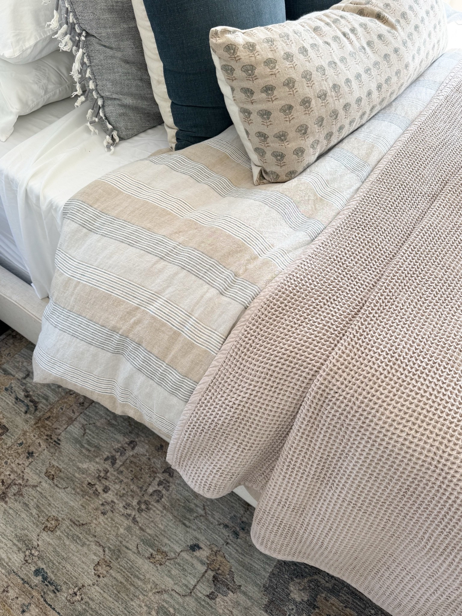 So many questions about fall bedding lately! I LOVE this striped duvet and waffle blanketed combo…. Linking them both (along with our rug, which is a consistent favorite) 🍂

Bedroom, bedroom inspo, bedroom decor, bedroom furniture, bedroom accessories, bedroom styling, upholstered bed, cozy bedding, layered bedding, neutral home, modern coastal,cozy home, GIRLONTHEHUDSON, Serena & Lily, Quince, bedding, bedroom basics