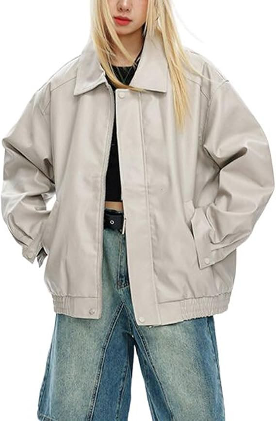 chouyatou Women's Oversized Faux Leather Bomber Jacket Zip Boyfriend Shacket Motocycle Jacket | Amazon (US)
