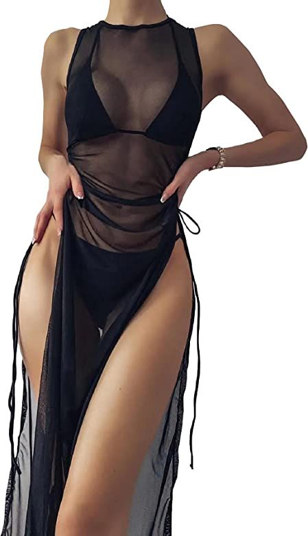 Verdusa Women's Swimsuit Mesh Cover Up High Split Drawstring Bikini Long Dress | Amazon (US)