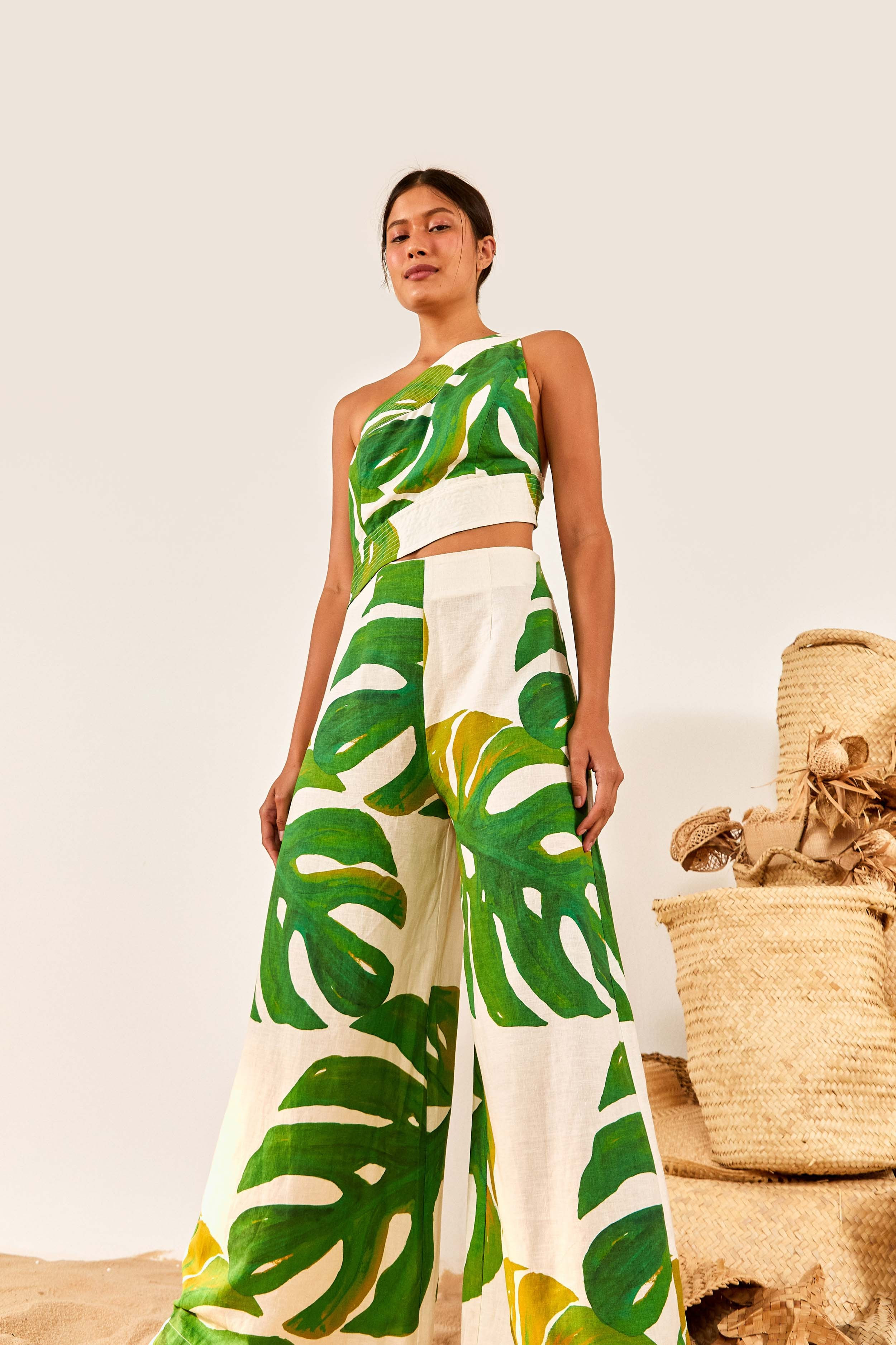 White Monstera One Shoulder Jumpsuit | FarmRio (US)