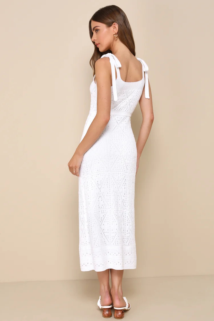 Adorable Darling White Crochet Tie-Strap Midi Dress | Lulus