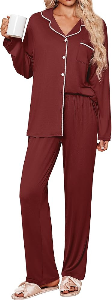 Ekouaer Womens Pajama Sets 2 Piece Long Sleeve Sleepwear Soft Button Down Pjs Lounge Set S-XXL | Amazon (US)