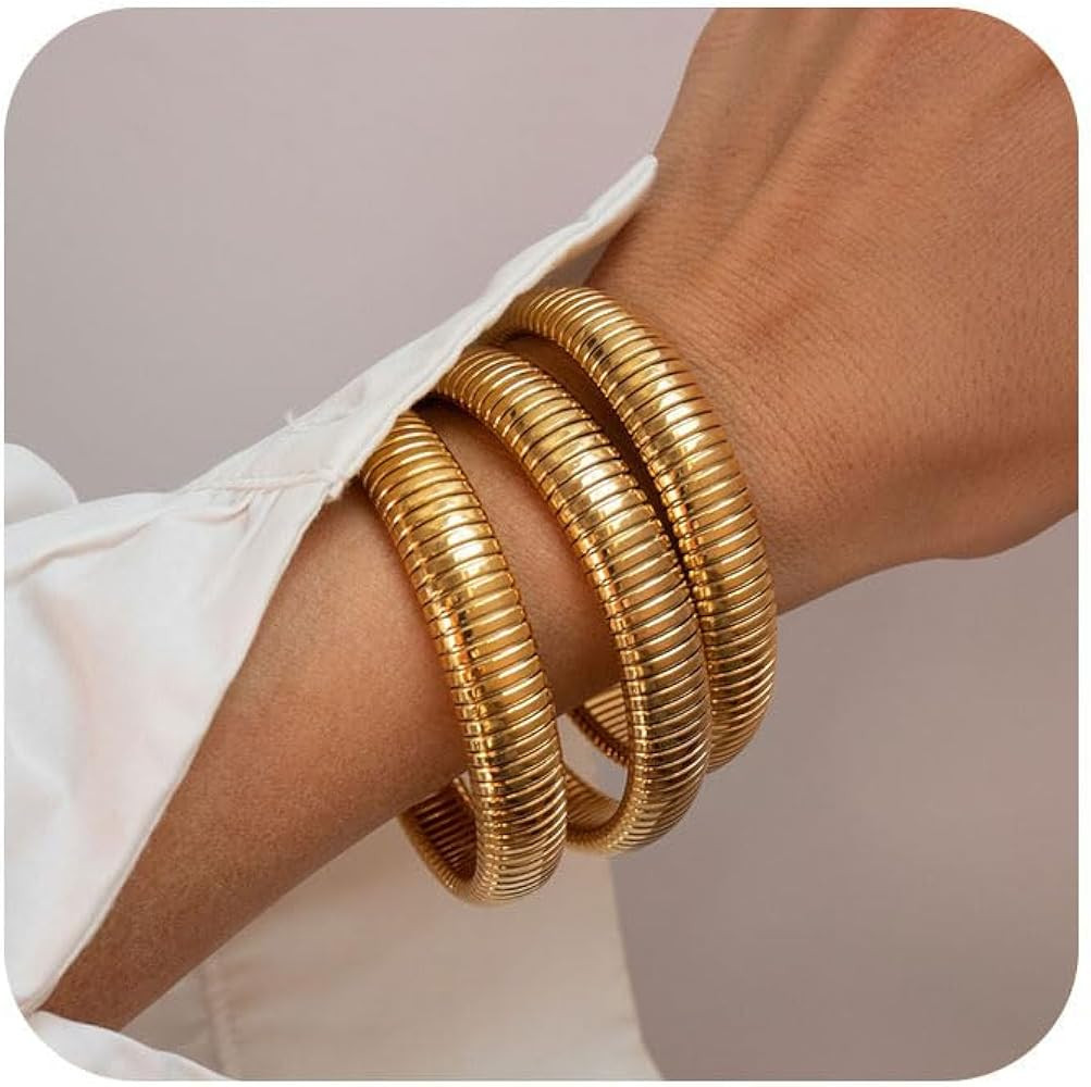 Gold Bangles for Women Set of 3 Chunky Stretch Bangles Bracelets 24K Gold Plated Stainless Steel ... | Amazon (US)