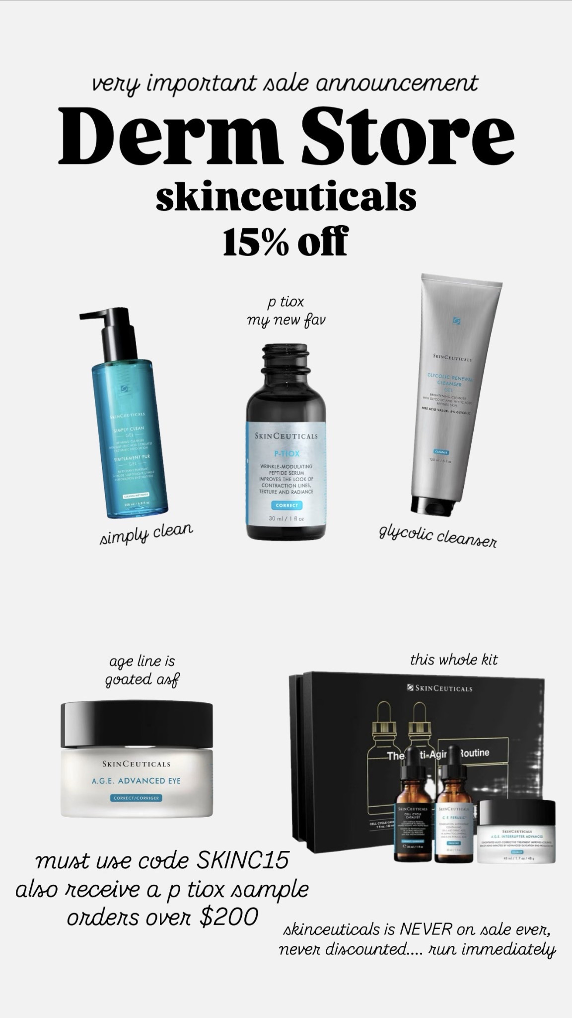 Derm Store x skinceuticals SALE 🚨🎁 

Literally run to dermstore.com RN for 15% off! must use code SKINC15 also receive a p tiox sample on orders over $200! SC is never ever on sale so do yourself the biggest favor, be your own Santa, and enjoy! Thank me later, this sale is one day only! 

#LTKHoliday #LTKSaleAlert #LTKGiftGuide