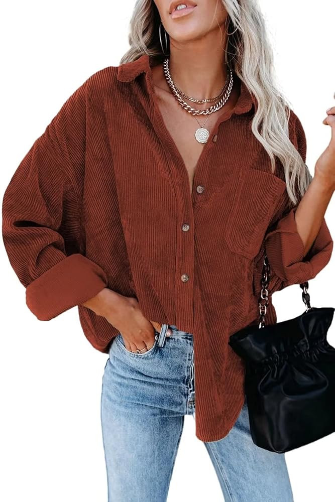 ZOLUCKY Womens Corduroy Button Down Shirts Casual Long Sleeve Shacket Jacket Boyfriend Blouses Tops | Amazon (US)