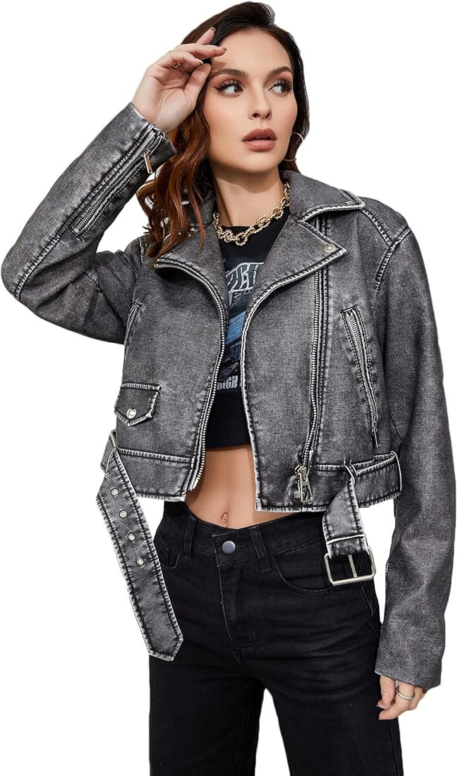 LY VAREY LIN Women Faux Leather Cropped Jacket Lapel Zipper Biker Short Coat with Belt | Amazon (US)