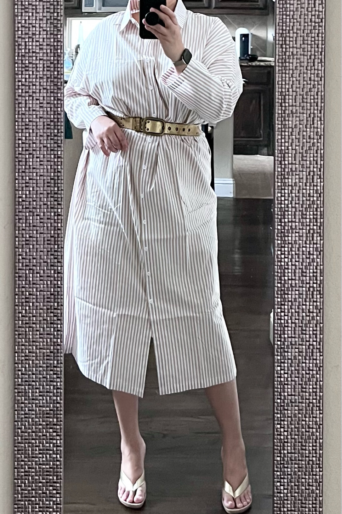 I’ve seen this Amazon dress styled more as a casual swimsuit cover-up, which is great. I bought mine in an XL, which is actually pretty oversized and I was surprised because a lot of Amazon items tend to fit tighter or smaller on me. This I could’ve absolutely done a large, but I went with the XL and cinched it up with a gold leather belt and some gold wedge thong heels.

#LTKOver40 #LTKMidsize #LTKFindsUnder100