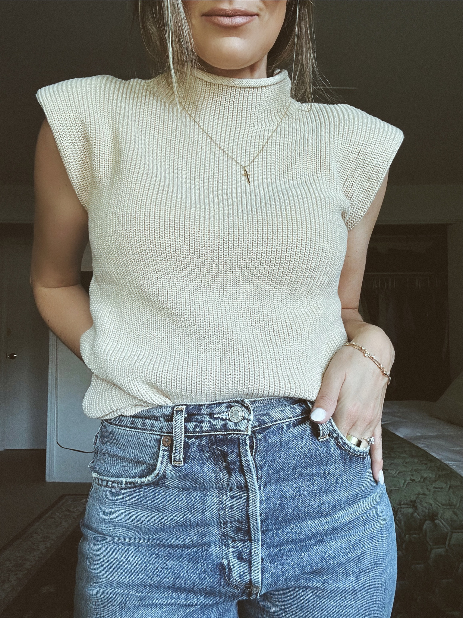 Wearing the cutest Amazon shoulder pad sweater turtleneck top in size small. Fits so good, looks so expensive and is under $30. Wearing with my AGOLDE jeans- size down, they run big. Perfect summer date night outfit or casual Friday look for work. #founditonamazon

#LTKstyletip #LTKworkwear #LTKunder50