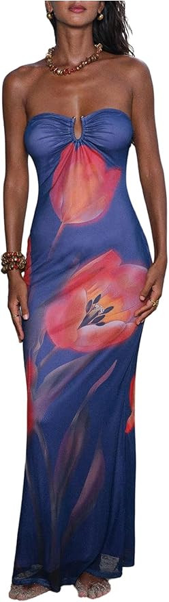 Floerns Women's Summer Floral Tube Dress Mesh Strapless Bodycon Vacation Maxi Dresses | Amazon (US)