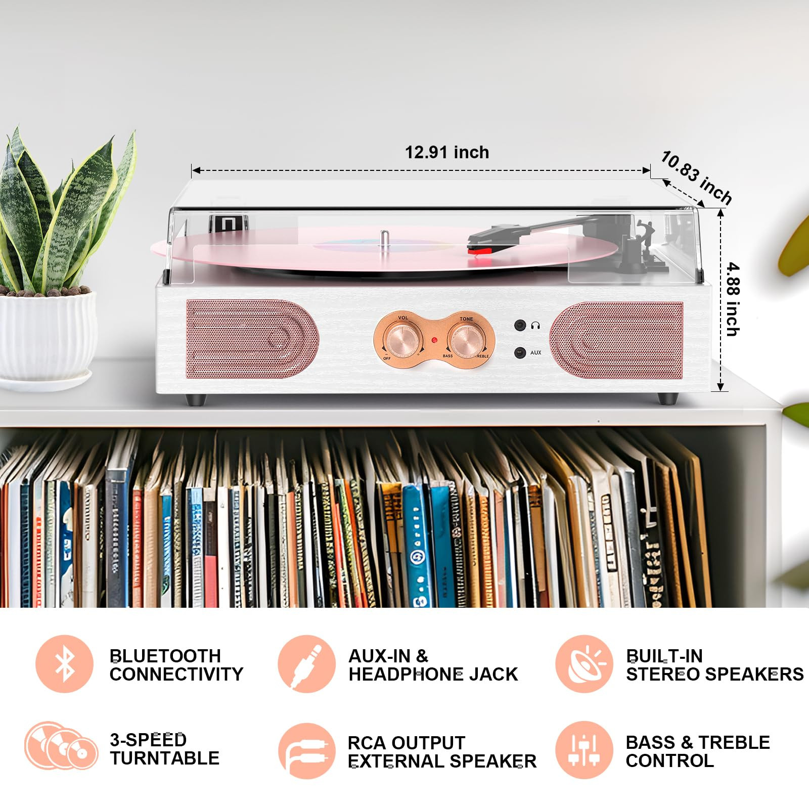 Vinyl Record Player with Built-in Speakers 3-Speed Vintage Record Player Support Treble& Bass Con... | Amazon (US)