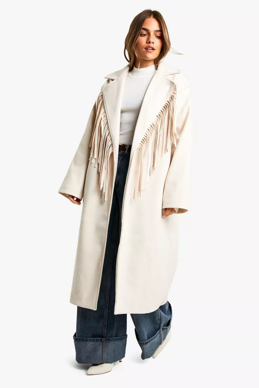 Petite Fringe Detail Wool Look Maxi Coat | boohoo (US & Canada)