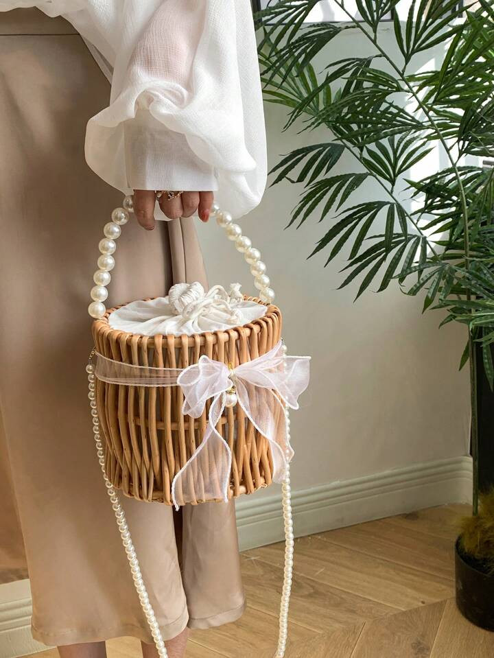 Pearl Decorated Small Wicker Basket, Woven Gift Box, Tote Bag For Women, Wedding Favors Basket, B... | SHEIN
