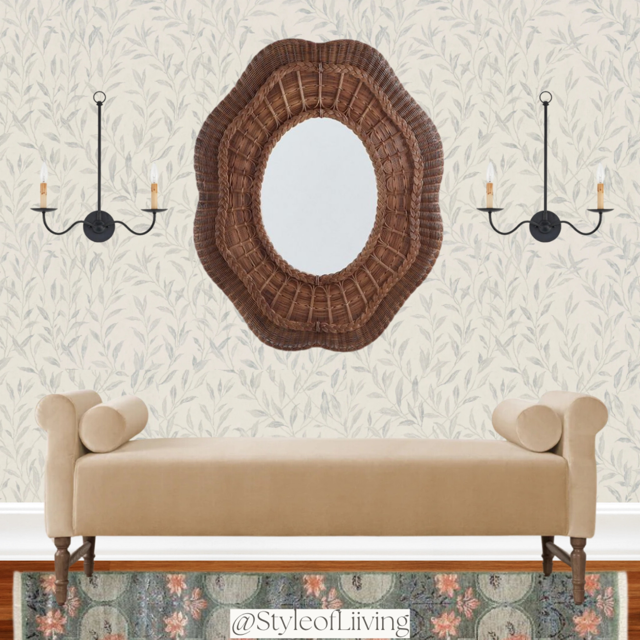 Entryway home decor and furniture styling. Ballard Designs and Studio McGee. Bench, woven mirror, double iron wall sconces, floral wallpaper, runner rug. Fall warm cozy home.

#LTKSeasonal #LTKStyleTip #LTKHome