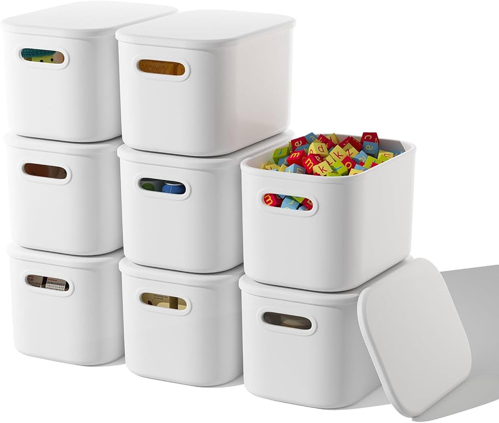 8 Pack White Storage Bins with Lids Stackable Storage Container for Organizing, Storage Boxes wit... | Amazon (US)