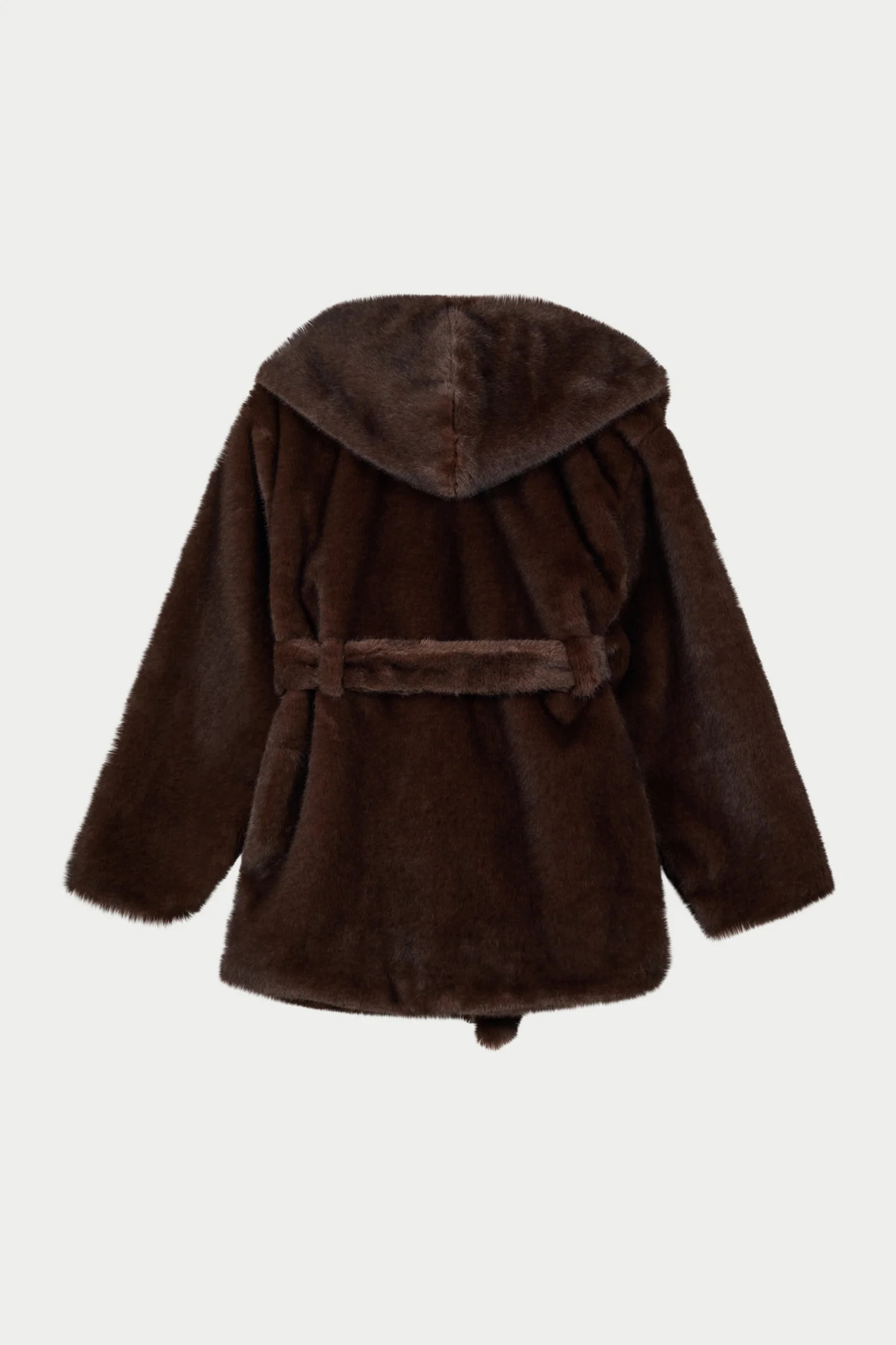 BELTED FAUX FUR HOODED COAT - CHOCOLATE | The Couture Club
