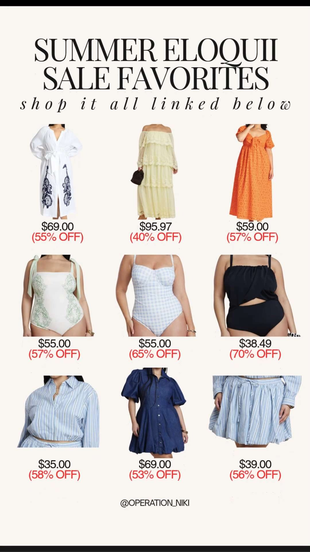 Nothing beats finding the absolute perfect summer outfits, especially when they are on a massive discount! ☀️ Upgrading your warm-weather wardrobe with chic, well-fitting pieces makes styling your daily looks completely effortless.

This lineup features some of the dreamiest seasonal finds—from gorgeous eyelet and tiered maxi dresses to flattering gingham swimsuits and effortless striped matching sets. Best of all, some of these incredible deals come straight from Eloquii's 'EQVACAY' discount code! It is the perfect excuse to stock up on premium, confident styles while keeping your seasonal budget completely on track. ✨

Shop this entire summer sale selection linked below! 🛍️


Follow for more @OPERATION_NIKI on IG, TikTok, & Facebook

#Eloquii #CurvyFashion #SummerSale #PlusSizeFashion #OOTD #SummerDresses #SwimwearInspo #OperationNiki #ChicFashion #ShoppingHaul 

 #LTKSaleAlert #LTKMidsize #LTKPlusSize
