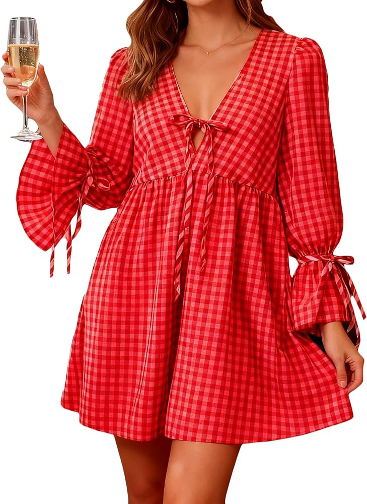 Women Christma Dress Plaid Square Neck Lace Trim Puff Sleeve Babydoll Mini Dress Gingham Ruffle T... | Amazon (US)