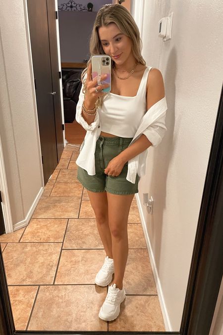 Casual pre fall outfit! 
Size small in the crop tank from amazon (runs a little big)
XS in the white button down 
Size 0 in the vintage green denim shorts 
Sneakers run TTS ✨

#LTKunder50 #LTKSeasonal #LTKshoecrush