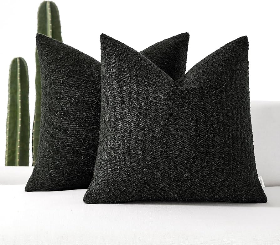 Boucle Decorative Throw Pillow Covers for Couch Set of 2, 24x24 inches, Black | Amazon (US)
