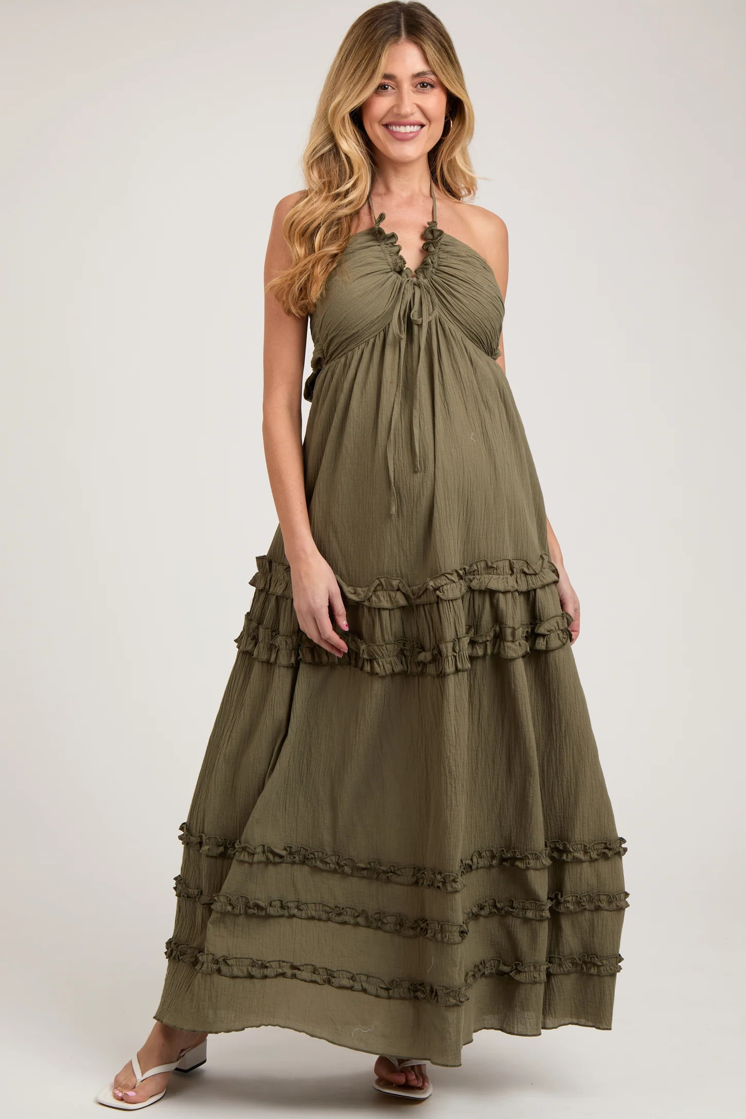 Olive Ruffle Ruched Deep V-Neck Maternity Maxi Dress | PinkBlush Maternity