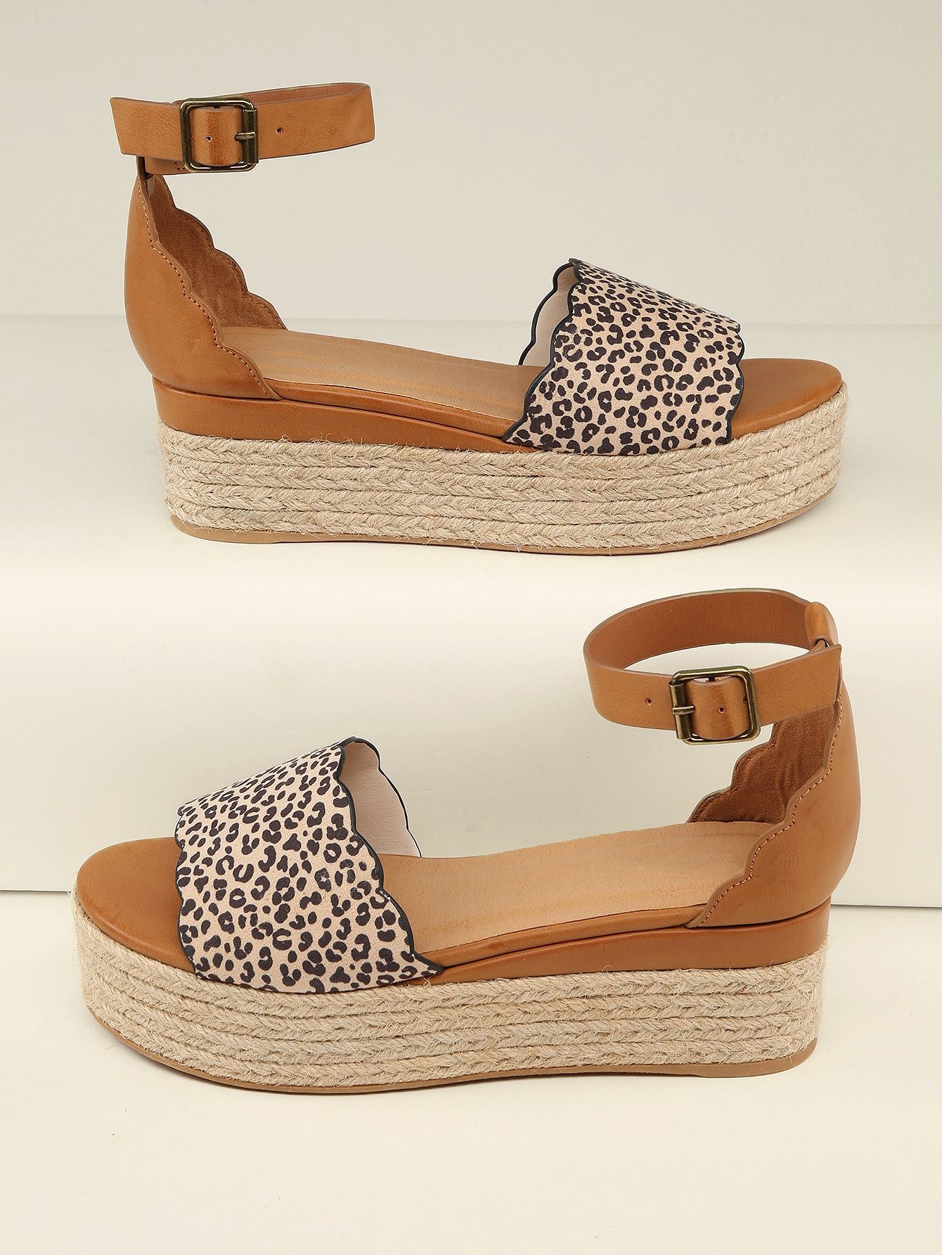 Cheetah Open Toe Scalloped Edge Flatform Sandals | SHEIN