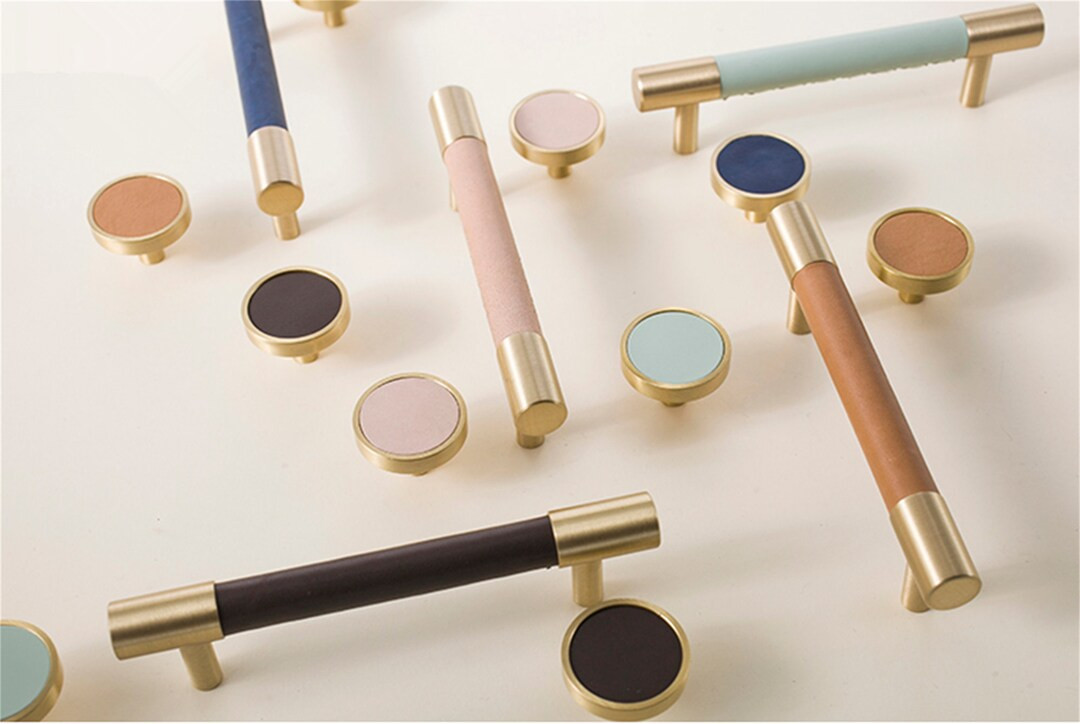 3.78'' 5'' 8.8 Solid Brass Leather Cabinet Door Handles Colorful Dresser Knobs Drawer Pulls Brown... | Etsy (US)