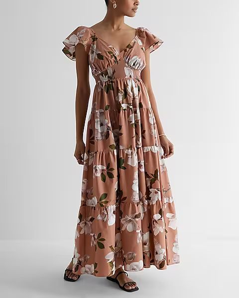 Floral V-Neck Flutter Sleeve Tiered Poplin Maxi Dress | Express