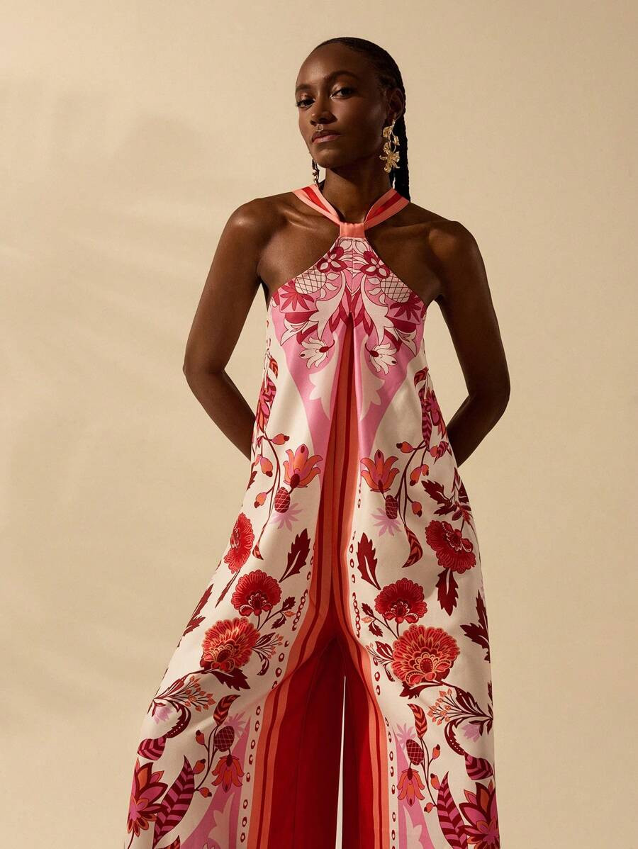 CAJUNI Women's Bohemian Tropical Print Vacation Casual Loose Halter Neck Jumpsuit Wide Leg Pants,... | SHEIN