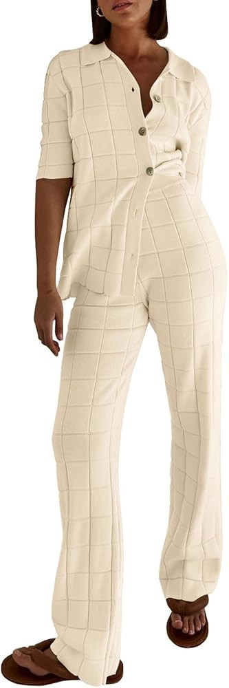 Tankaneo Women's Knit Pajama Sets Short Sleeve Collared Shirts and Wide Leg Pants 2 Piece Outfits... | Amazon (US)