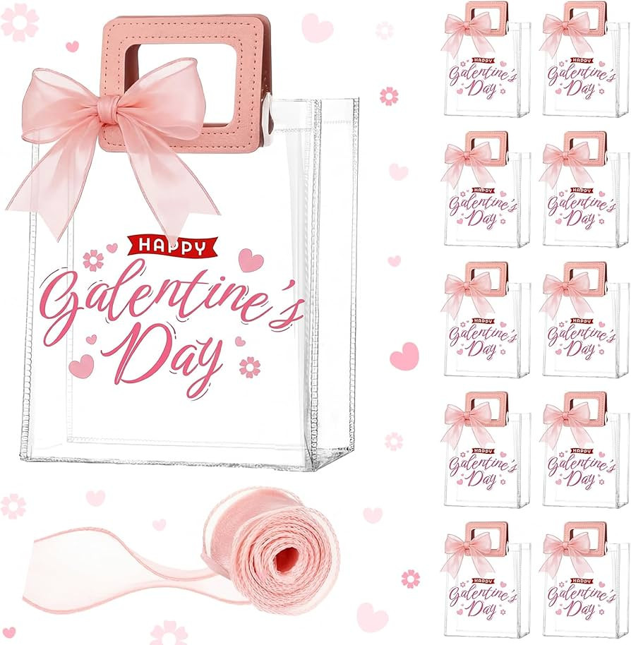 Gueevin 12 Pcs Galentine's Day Gift Bags Pink Plastic Galentines Clear Gift Bags with Handle and ... | Amazon (US)