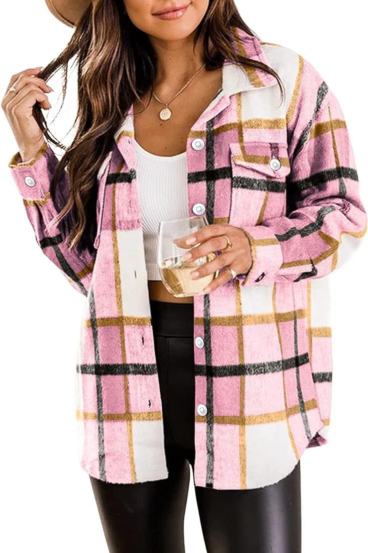 Springrain Womens Plaid Flannel Shacket Wool Blend Button Down Casual Shirt Jacket | Amazon (US)