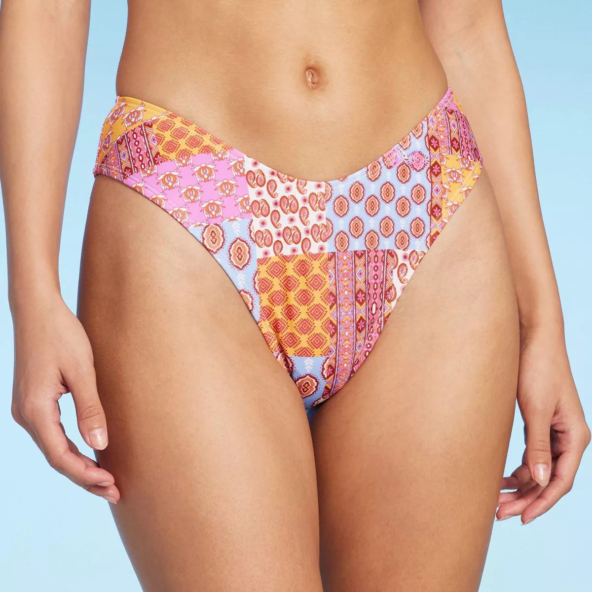 Women's Patchwork Print Ultra High Leg Ultra Cheeky Tanga Bikini Bottom - Wild Fable™ Multi XXS | Target