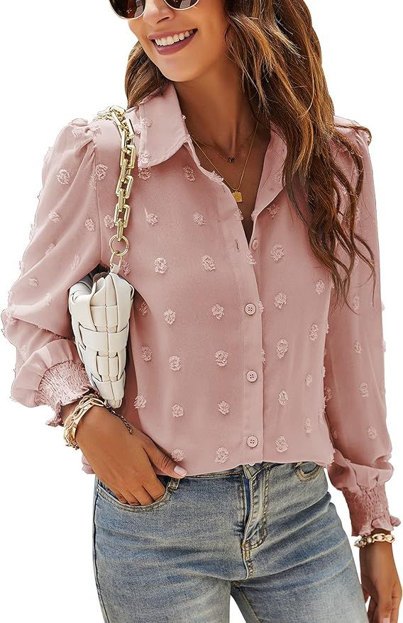 Womens Casual Chiffon Blouses Puff Long Sleeve Tops Swiss Dot Button Down Shirts with Smocked Cuf... | Amazon (US)