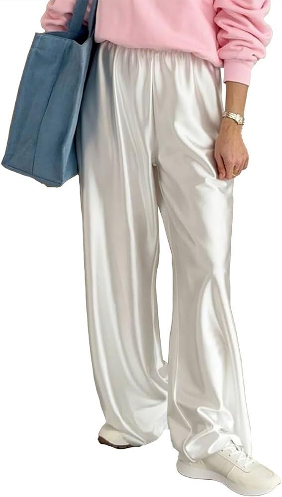 XIBAOBAO Women Satin Wide Leg Dress Pants White Silk Casual Dressy Long Flowy Pants Elastic High ... | Amazon (US)