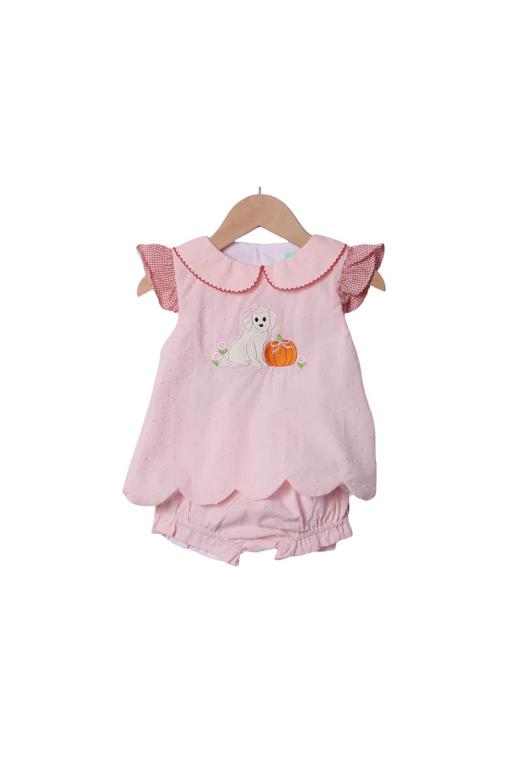Applique Swiss Dot Pumpkin Puppy Bloomer Set | The Smocked Flamingo
