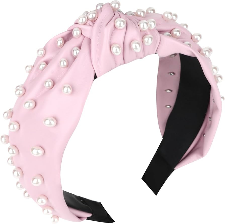 YISSION 1PC Pearl Knotted Headband for Women Non Slip Beaded Headband Wide Leather Headbands for women Jeweled Embellished Hairband Pink Head Band Hair Accessories for Women Girls | Amazon (US)
