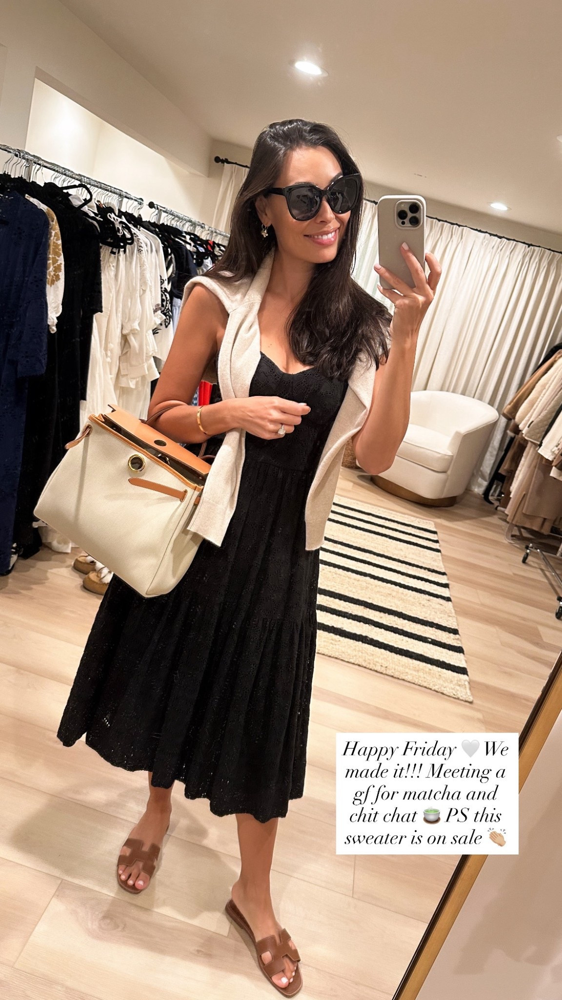 Black eyelet dress (old similar below), Hermes Herbag, Jenni Kayne sweater on sale, pre fall outfit, fall fashion. 