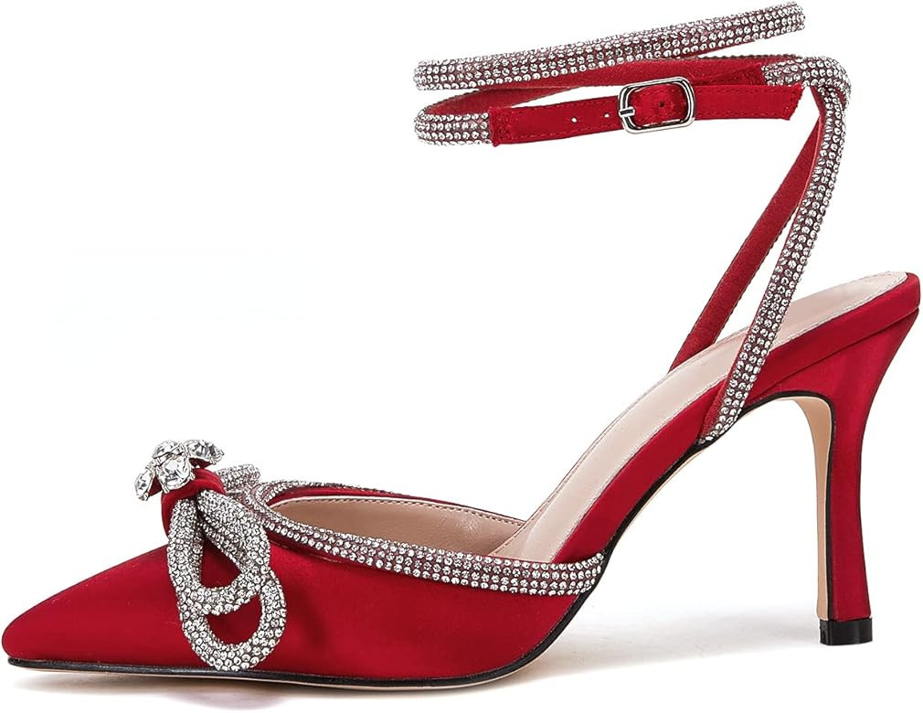 Women's Double Bow Pointed Toe Ankle Strap Crystal Pumps Wedding Bridal Party Stilettos Backless Sat | Amazon (US)